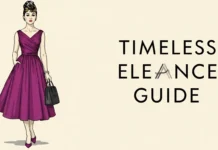 Woman wearing a black midi dress inspired by Audrey Hepburn with pearl earrings and sleek bun hairstyle in a minimalist luxury setting.