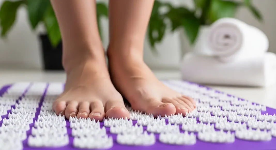 acupressure mat with therapeutic spikes for foot pain relief and circulation