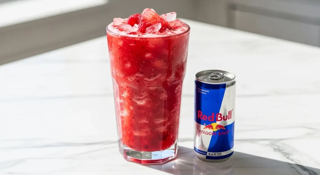 red bull fruit smoothie made with fresh berries and ice in a clear glass