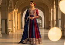 A woman wearing a royal blue floor-length anarkali salwar suit with gold zari embroidery and a matching dupatta, styled for a festive Indian occasion against a Mughal-inspired backdrop.