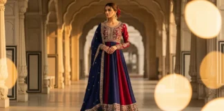 A woman wearing a royal blue floor-length anarkali salwar suit with gold zari embroidery and a matching dupatta, styled for a festive Indian occasion against a Mughal-inspired backdrop.