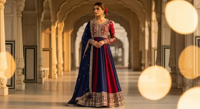 A woman wearing a royal blue floor-length anarkali salwar suit with gold zari embroidery and a matching dupatta, styled for a festive Indian occasion against a Mughal-inspired backdrop.