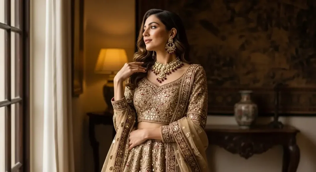 Elegant ethnic wear for women featuring a detailed embroidered lehenga in a luxurious setting