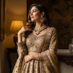 Elegant ethnic wear for women featuring a detailed embroidered lehenga in a luxurious setting