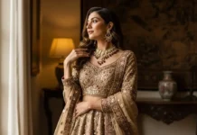 Ethnic Wear for Women: Stylish Traditional Outfits Elegant ethnic wear for women featuring a detailed embroidered lehenga in a luxurious setting
