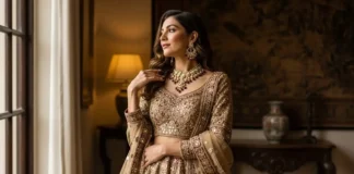 Elegant ethnic wear for women featuring a detailed embroidered lehenga in a luxurious setting