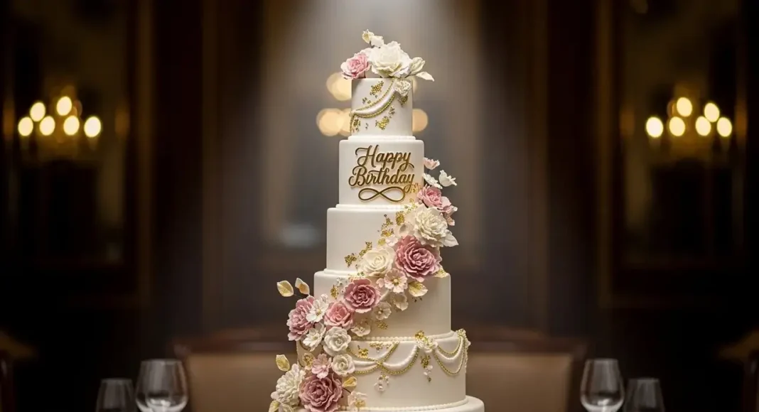 Elegant happy birthday cake design with floral and gold decoration