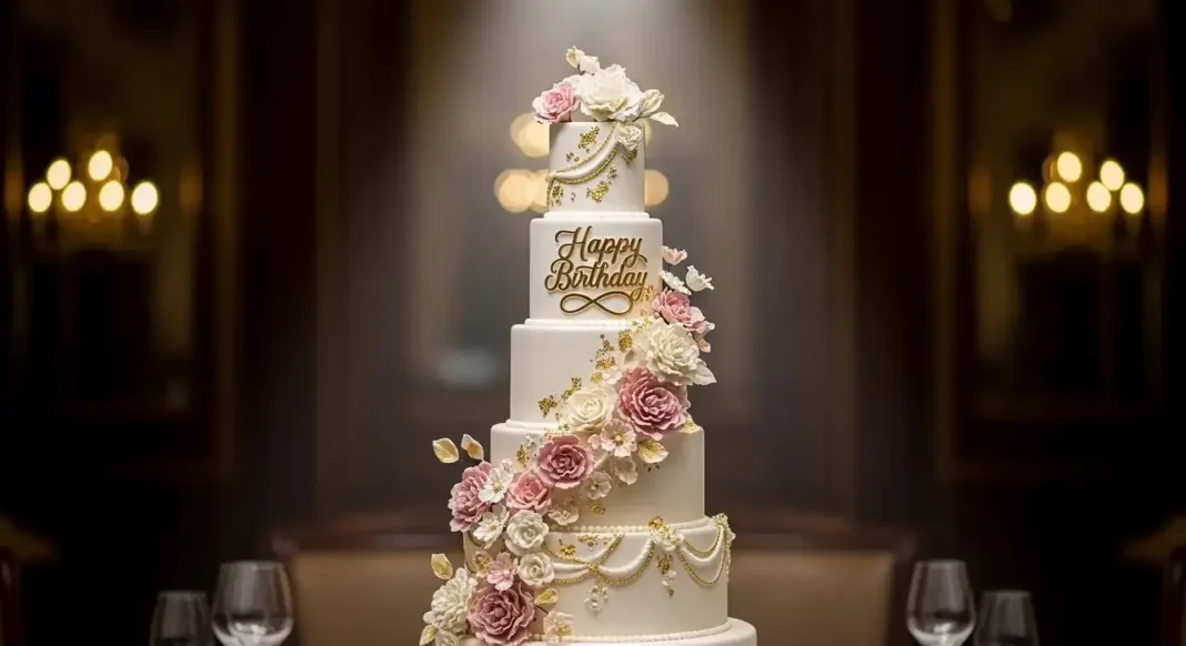 Elegant happy birthday cake design with floral and gold decoration