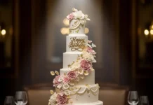 Elegant happy birthday cake design with floral and gold decoration