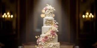 Elegant happy birthday cake design with floral and gold decoration