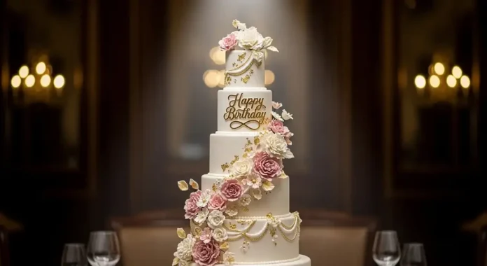Elegant happy birthday cake design with floral and gold decoration