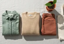 Folded clothing featuring sustainable fashion brands