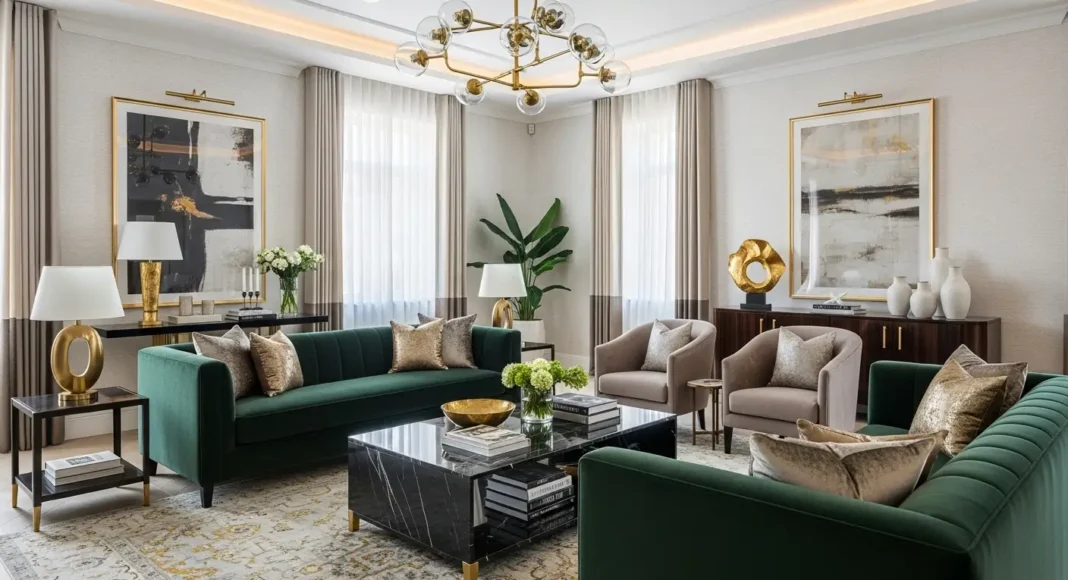 Luxurious modern living room with velvet sofa, gold accents, and elegant high-end interior design
