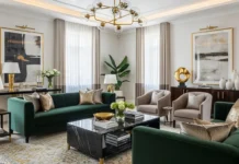 Luxurious modern living room with velvet sofa, gold accents, and elegant high-end interior design