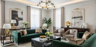 Luxurious modern living room with velvet sofa, gold accents, and elegant high-end interior design