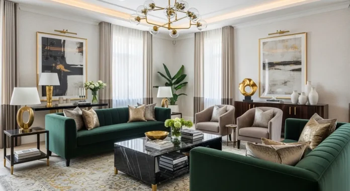 Luxurious modern living room with velvet sofa, gold accents, and elegant high-end interior design