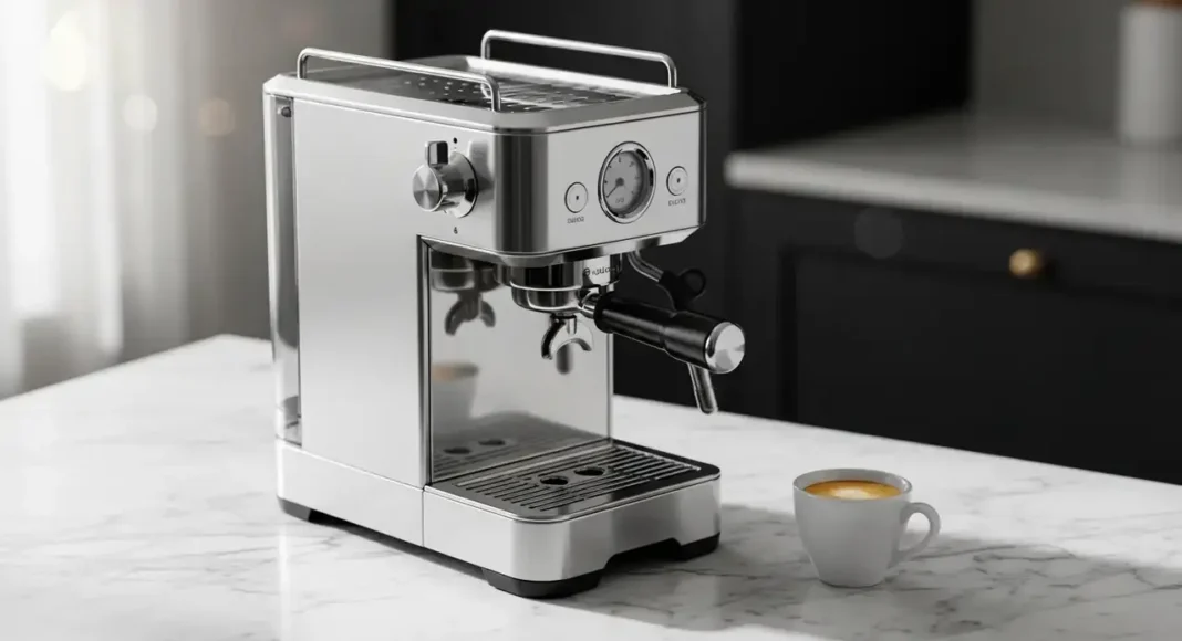 Premium coffee maker on a marble countertop in a modern luxury kitchen, showcasing a high-end espresso machine