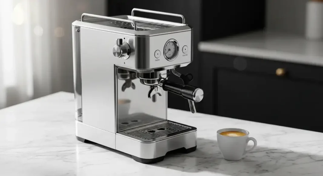 Premium coffee maker on a marble countertop in a modern luxury kitchen, showcasing a high-end espresso machine