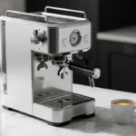 Premium coffee maker on a marble countertop in a modern luxury kitchen, showcasing a high-end espresso machine