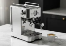 7 Premium Coffee Makers for Luxury Kitchens Premium coffee maker on a marble countertop in a modern luxury kitchen, showcasing a high-end espresso machine