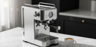 Premium coffee maker on a marble countertop in a modern luxury kitchen, showcasing a high-end espresso machine