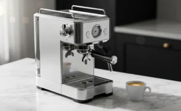 7 Premium Coffee Makers for Luxury Kitchens Premium coffee maker on a marble countertop in a modern luxury kitchen, showcasing a high-end espresso machine