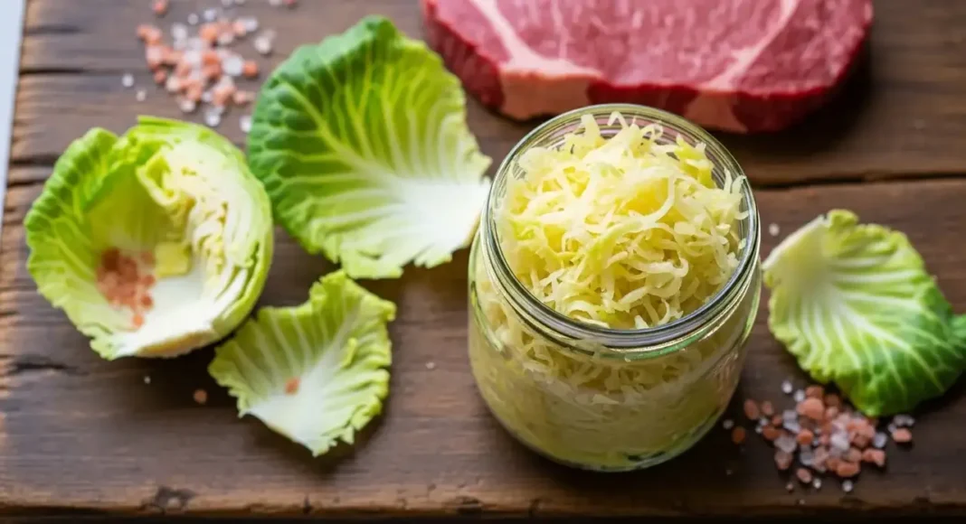 Raw sauerkraut in a glass jar next to a carnivore diet meal with steak. Sauerkraut carnivore diet mistakes — raw unpasteurized sauerkraut in a glass jar served alongside a grass-fed ribeye steak on a rustic wooden board.