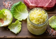 Sauerkraut carnivore diet mistakes — raw unpasteurized sauerkraut in a glass jar served alongside a grass-fed ribeye steak on a rustic wooden board.