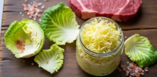 Sauerkraut carnivore diet mistakes — raw unpasteurized sauerkraut in a glass jar served alongside a grass-fed ribeye steak on a rustic wooden board.