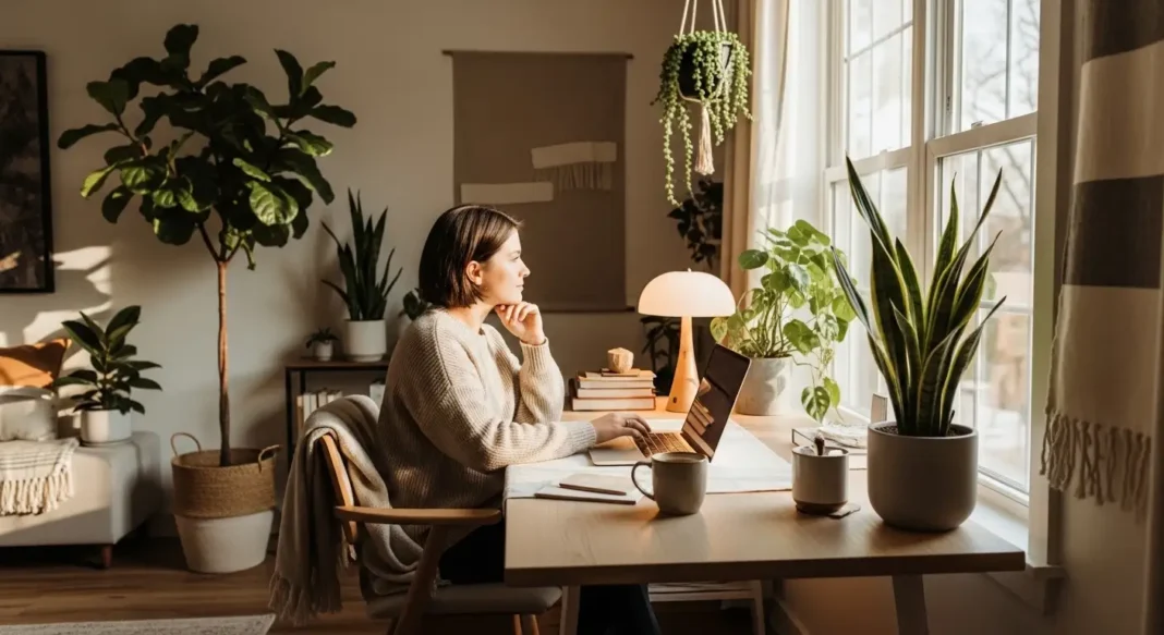 Remote Work Isolation solution with cozy home office setup, natural light, and indoor plants for better productivity and connection Remote Work Isolation solution with cozy home office setup, natural light, and indoor plants for better productivity and connection