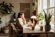 Remote Work Isolation solution with cozy home office setup, natural light, and indoor plants for better productivity and connection