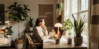 Remote Work Isolation solution with cozy home office setup, natural light, and indoor plants for better productivity and connection