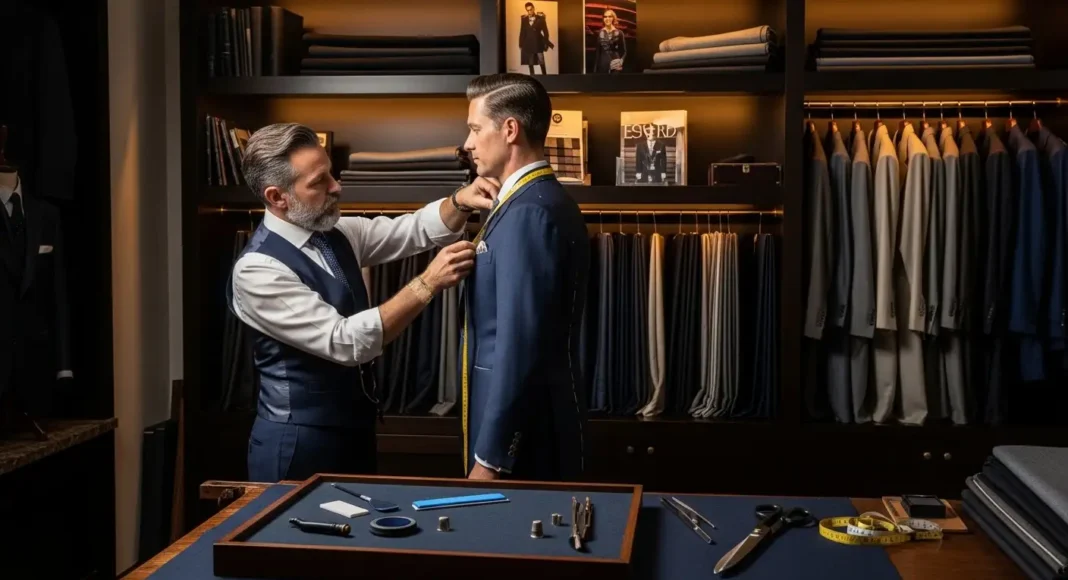 Tailor measuring a client for a bespoke suit in a luxury tailoring studio showing bespoke suit craftsmanship and pricing concept.