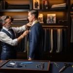 Bespoke Suit Cost: What You Actually Pay at Every Level Tailor measuring a client for a bespoke suit in a luxury tailoring studio showing bespoke suit craftsmanship and pricing concept.