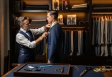 Tailor measuring a client for a bespoke suit in a luxury tailoring studio showing bespoke suit craftsmanship and pricing concept.
