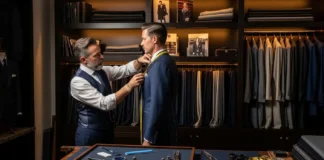 Tailor measuring a client for a bespoke suit in a luxury tailoring studio showing bespoke suit craftsmanship and pricing concept.
