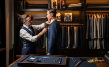 How Much Does a Bespoke Suit Cost in 2026? Real Prices Revealed Tailor measuring a client for a bespoke suit in a luxury tailoring studio showing bespoke suit craftsmanship and pricing concept.