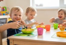 Teaching toddlers table manners in a modern dining room