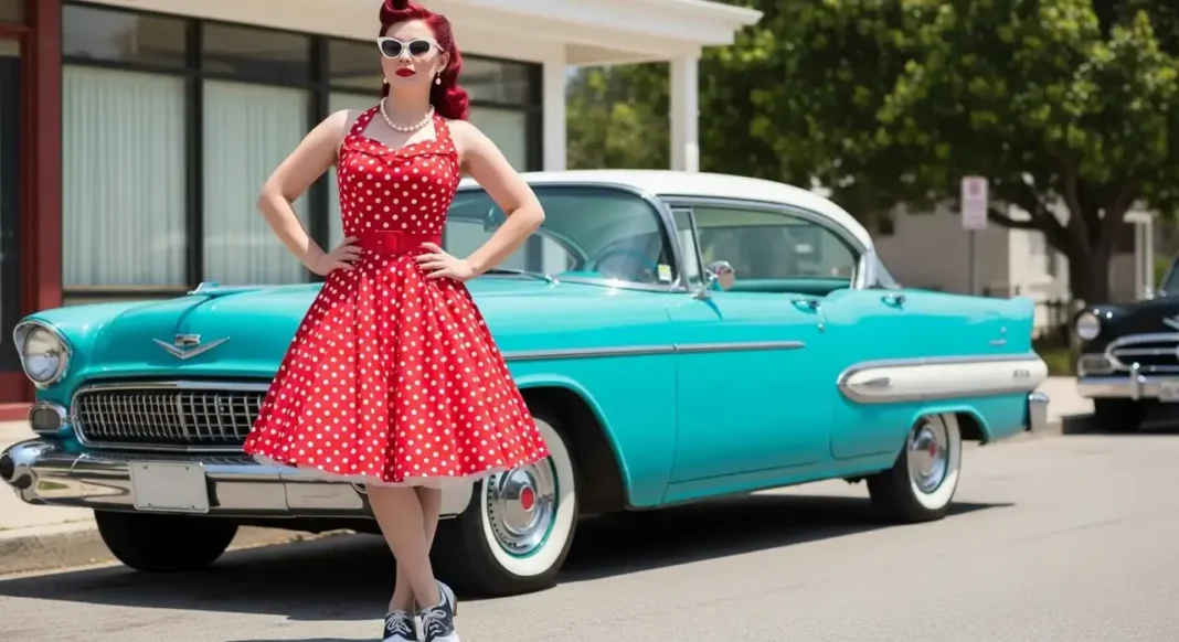 Woman in rockabilly style outfit wearing a polka-dot swing dress, victory rolls hairstyle, and red lips beside a vintage car