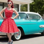 Woman in rockabilly style outfit wearing a polka-dot swing dress, victory rolls hairstyle, and red lips beside a vintage car