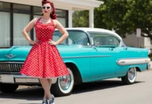 Woman in rockabilly style outfit wearing a polka-dot swing dress, victory rolls hairstyle, and red lips beside a vintage car