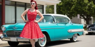 Woman in rockabilly style outfit wearing a polka-dot swing dress, victory rolls hairstyle, and red lips beside a vintage car
