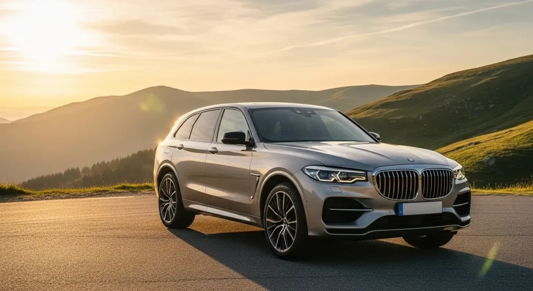A silver family luxury car parked on a winding mountain road at sunset, showcasing elegance and space perfect for family travel.