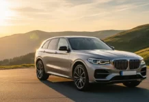 Family Luxury Cars: 7 Best Picks for Style & Space A silver family luxury car parked on a winding mountain road at sunset, showcasing elegance and space perfect for family travel.