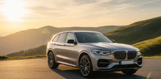 A silver family luxury car parked on a winding mountain road at sunset, showcasing elegance and space perfect for family travel.