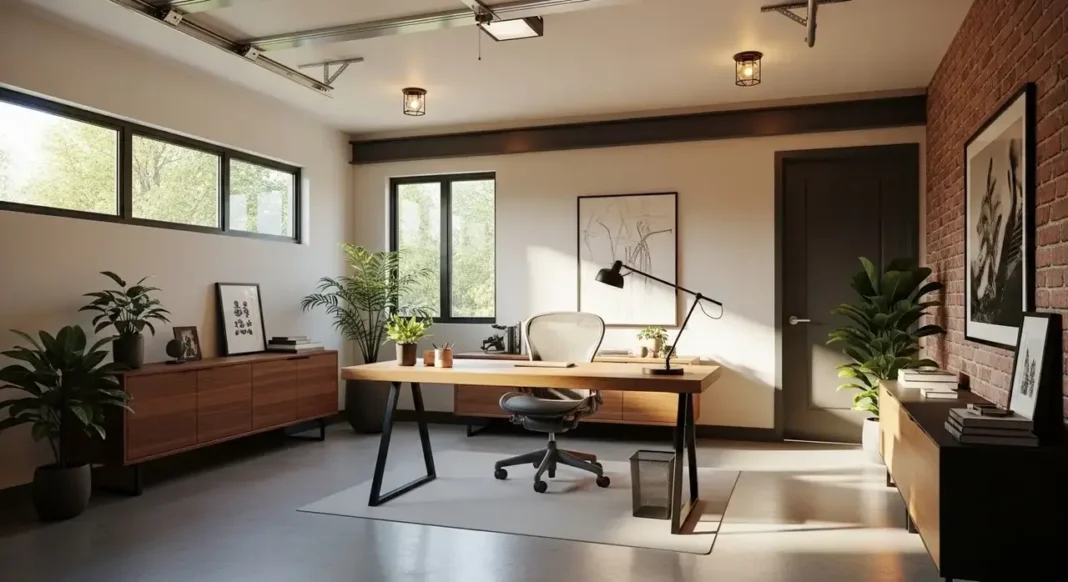 Converting garage into office with modern desk setup and stylish decor