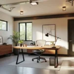 Converting garage into office with modern desk setup and stylish decor
