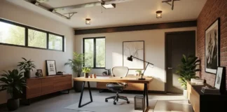 Converting garage into office with modern desk setup and stylish decor