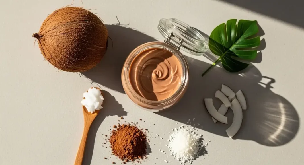 DIY tanning lotion homemade coconut oil with natural ingredients in a glass jar for glowing skin