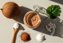 DIY tanning lotion homemade coconut oil with natural ingredients in a glass jar for glowing skin